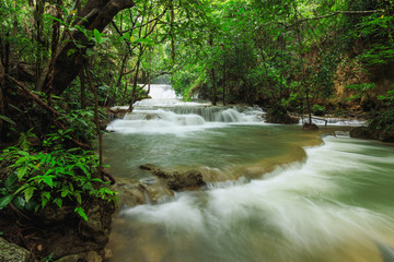 Beautiful Huai Mae Khamin waterfall in the rainy season of deep forest,  Kanchanaburi Province, Thailand.