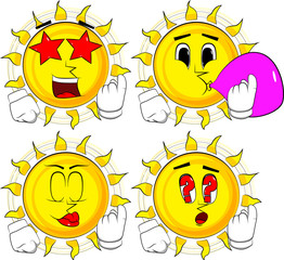 Cartoon sun inviting to come there. Collection with various facial expressions. Vector set.