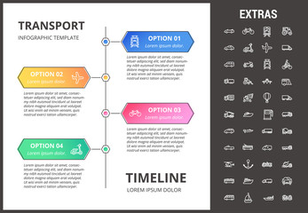 Transportation timeline infographic template, elements and icons. Infograph includes options with years, line icon set with transport vehicle, truck trailer, airplane flight, construction vehicles etc