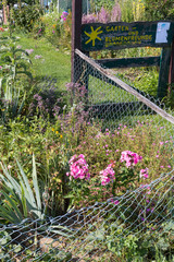 rural cottage garden in hot summer day of july and letters garten und blumenfreunde means friends...