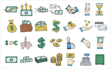 Set of hand drawn money related icons. Vector doodle illustrations with money, finance and commerce subjects.