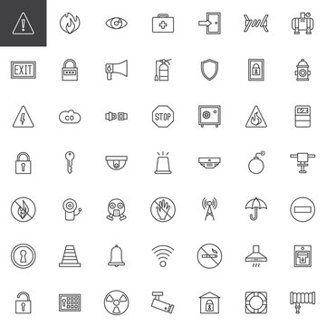 Safety protective elements line icons set, outline vector symbol collection, linear style pictogram pack. Signs, logo illustration. Set includes icons as gas mask, ring buoy, respirator, cctv camera