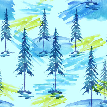  Seamless watercolor pattern, background. spruce, pine, cedar, larch, blue abstract forest, silhouette of trees. Art illustration for your design © helgafo