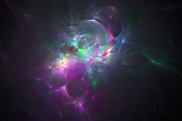 Obraz premium Abstract green and violet swirly shapes on black background. Fantasy fractal texture. 3D rendering.