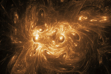 Abstract colorful golden shapes on black background. Fantasy fractal texture. 3D rendering.