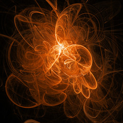 Abstract orange swirly shapes on black background. Fantasy fractal texture. 3D rendering.