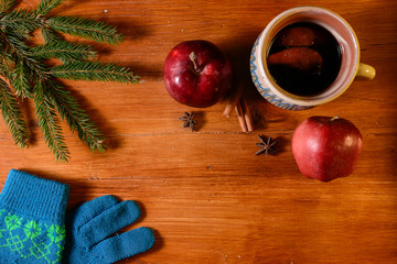 Red boiled wine on rustic wooden table