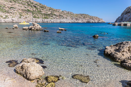 The Anthony Quinn beach was made famous by the film The Guns of Navarone that was filmed here. Rhodes, Greece.