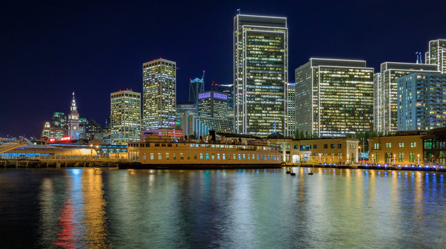 San Francisco Belle and downtown at Chrismas from wooden Pier 7 at sunset.