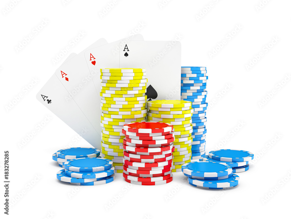 Poster 3d rendering of multicolored casino chips with four different ace cards isolated on a white backgrou