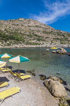 The Anthony Quinn beach was made famous by the film The Guns of Navarone that was filmed here. Rhodes, Greece.