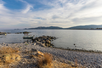Haraki beach with quiet with crystal clear waters and boats, Rhodes, Greece
