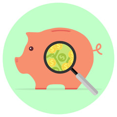 A magnifying glass looks at the pig piggy bank with money.