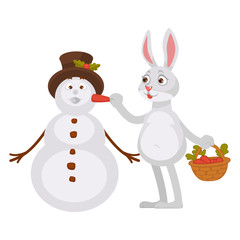 Adorable rabbit with basket of carrots makes snowman