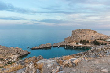 Fototapeta na wymiar Coastline landscape from the Acropolis in Lindos on the Rhodes Island, Greece
