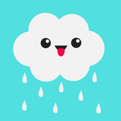 Cute cartoon kawaii cloud with rain drops. Showing tongue emotion. Eyes and mouth. Isolated. Blue sky background. Baby funny character emoji collection. Flat design.