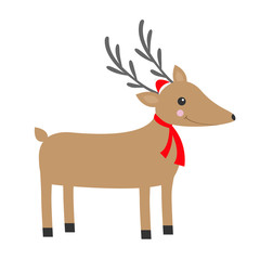 Santa reindeeer head. Cute cartoon deer with horns, red Santa Claus hat, scarf. Merry christmas. White background. Isolated. Greeting card Flat design