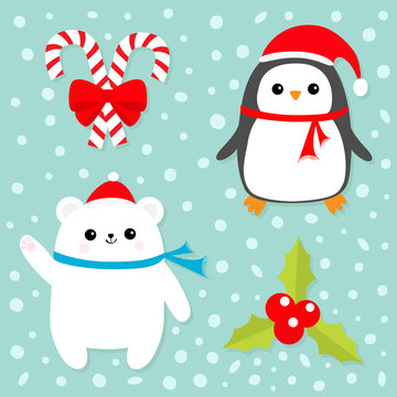 Merry Christmas icon set. Candy Cane stick with red bow. Penguin bird, white polar bear cub wearing Santa Claus hat, scarf. Holly berry Mistletoe. Flat design. Blue snow background
