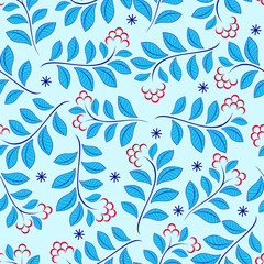 Seamless pattern texture with red berries and leaves. Vector illustration with winter twigs.