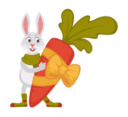 Rabbit in scarf and socks holds huge carrot in ribbon