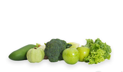 Green fruits and vegetables isolate on a white background.