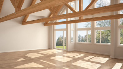 Empty room in luxury eco house, parquet floor and wooden roof trusses, panoramic window on summer spring meadow, modern white architecture interior design © ArchiVIZ