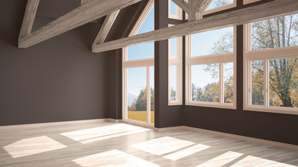 Empty room in luxury eco house, parquet floor and wooden roof trusses, panoramic window on autumnal meadow, modern white and gray architecture interior design