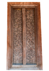 Ancient carved old wooden door in Wat Kong Kha Ram temple more than 200 years old preserved the history of  Photharam district Rachaburi province Thailand.