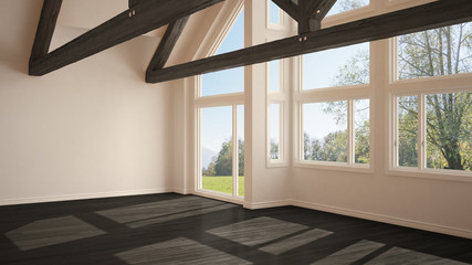 Empty room in luxury eco house, parquet floor and wooden roof trusses, panoramic window on summer spring meadow, modern white and gray architecture interior design