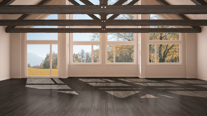 Empty room in luxury eco house, parquet floor and wooden roof trusses, panoramic window on autumnal meadow, modern white and gray architecture interior design