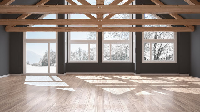 Empty room in luxury eco house, parquet floor and wooden roof trusses, panoramic window on winter meadow, modern white and gray architecture interior design