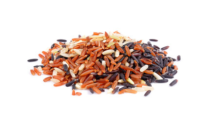 Jasmine rice, Brown rice, Black rice, Mixed rice and Riceberry, isolated on a white