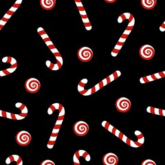 Seamless pattern with Christmas candy on black background.