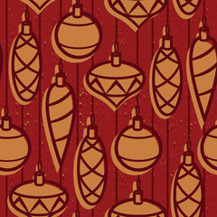 Seamless vector Christmas pattern. Vintage Christmas toys over grange texture background. New years retro style wallpaper with balls