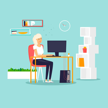 Office, girl working at the computer, business lady, secretary. Flat design vector illustration.