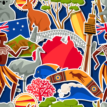 Australia seamless pattern. Australian traditional sticker symbols and objects
