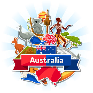 Australia background design. Australian traditional sticker symbols and objects