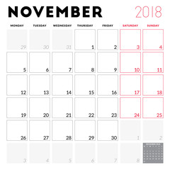 Calendar planner for November 2018. Week starts on Monday. Printable vector design template. Stationery design