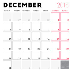 Calendar planner for December 2018. Week starts on Monday. Printable vector design template. Stationery design