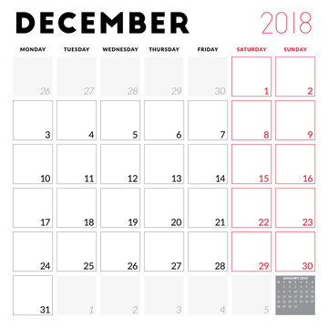 Calendar planner for December 2018. Week starts on Monday. Printable vector design template. Stationery design