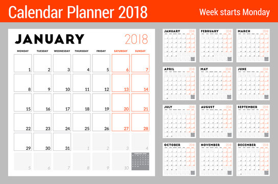 Calendar planner for 2018 year. Week starts on Monday. Printable vector design template. Stationery design