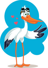 Cartoon Stork with Aviator Glasses Baby Announcement Vector Card
