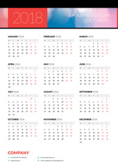 Calendar poster for 2018 year. Portrait oriantation. Vector design print template with abstract background or place for photo. Week starts on Monday