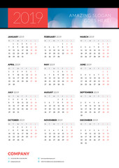 Calendar poster for 2019 year. Portrait oriantation. Vector design print template with abstract background or place for photo. Week starts on Monday