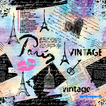 Seamless background pattern. Imitation of a vintage scrapbook collage with a Paris lettering.