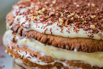 Homemade cake with nuts, cream and grated chocolate, closeup