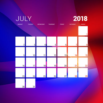 July 2018. Calendar planner design template with abstract background. Week starts on Monday