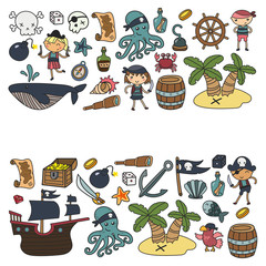 Children playing pirates Boys and girls Kindergarten, school, preschool, halloween party Treasure island, pirate ship, crab, parrot Adventure and travel and fun Birthday invitation