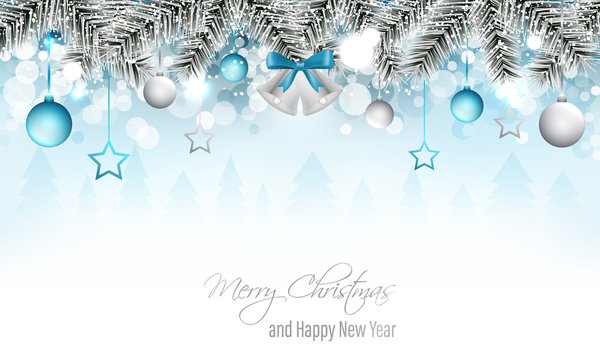 Winter landscape vector banner with silver bells, branches, christmas ball, stars, snowfall, snowflakes and snowy forest. Merry Christmas and Happy New Year wishes.