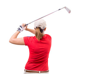 Golfer hitting golf shot with club isolated on white background